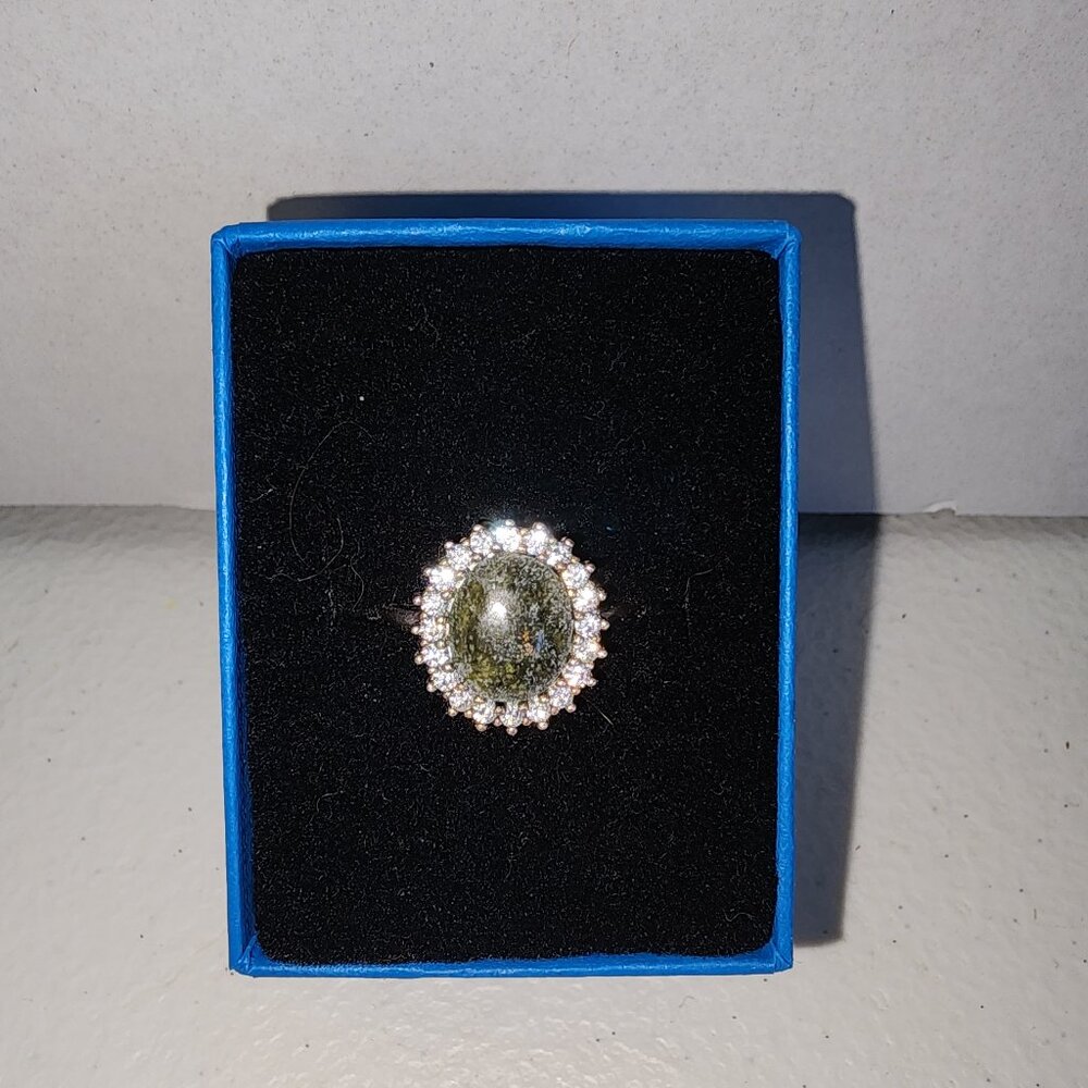Green Connemara Marble and White Cubic Zirconia Silver Tone Ring Size 12